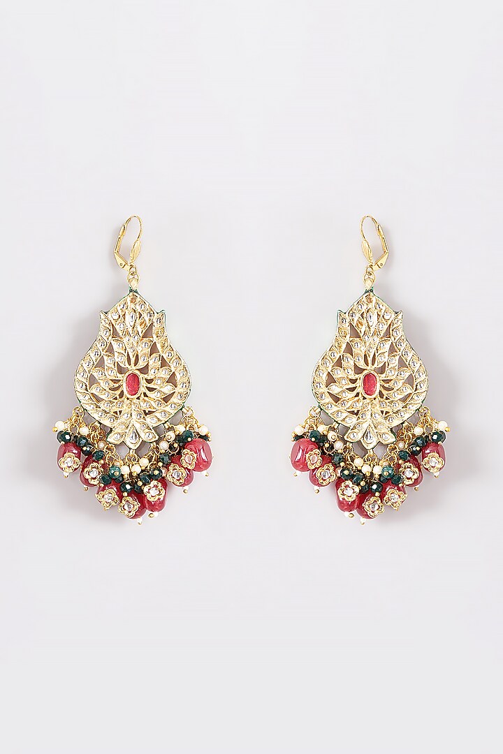 Gold Plated Kundan Polki & Ruby Bead Meenakari Dangler Earrings by Just Shraddha at Pernia's Pop Up Shop