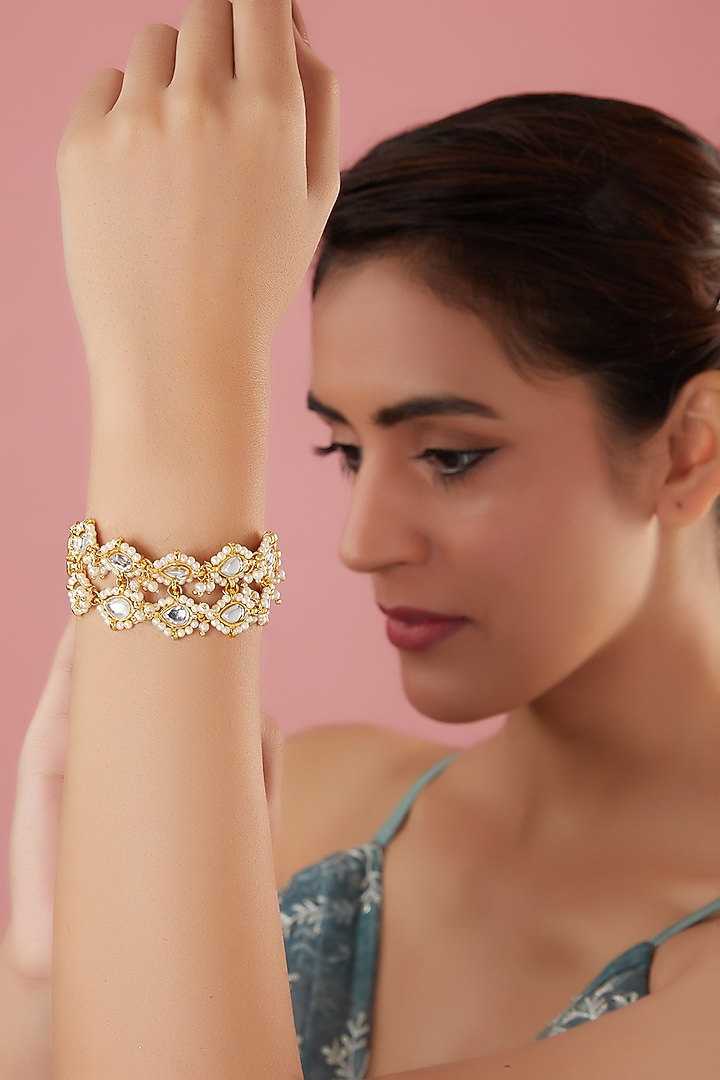 Gold Plated Kundan Polki & Pearl Bracelet by Just Shraddha at Pernia's Pop Up Shop