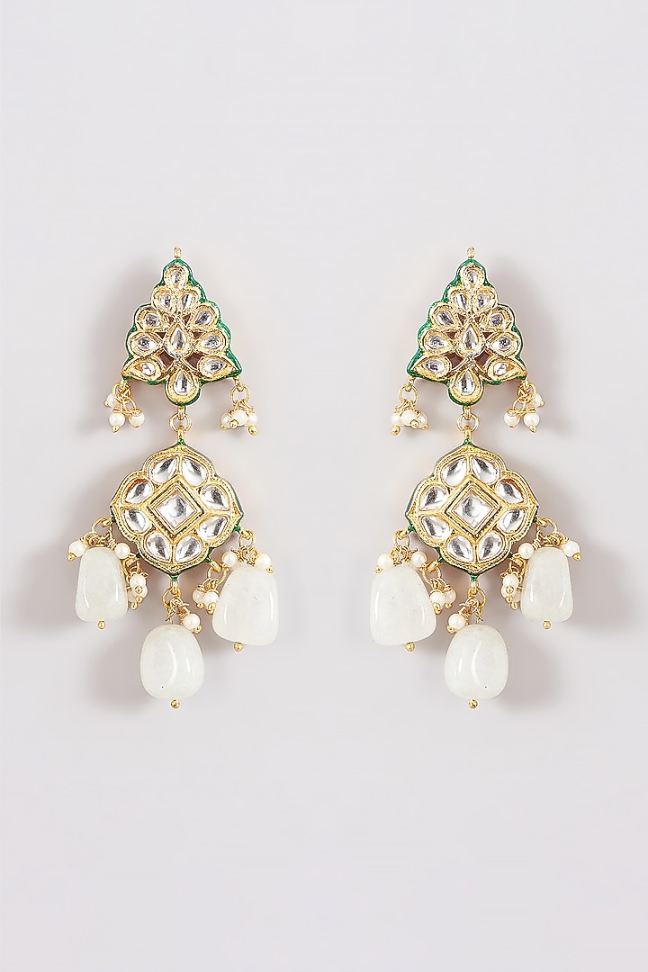 Gold Plated Kundan Polki & Pearl Meenakari Dangler Earrings by Just Shraddha at Pernia's Pop Up Shop
