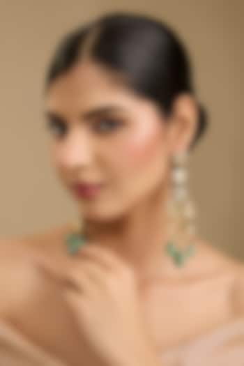 Gold Finish Pearl & Green Beaded Dangler Earrings by Just Shraddha at Pernia's Pop Up Shop