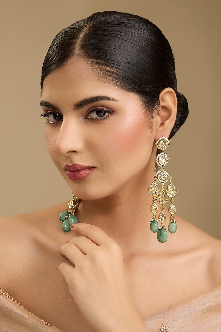 Gold Finish Pearl & Green Beaded Dangler Earrings by Just Shraddha at Pernia's Pop Up Shop