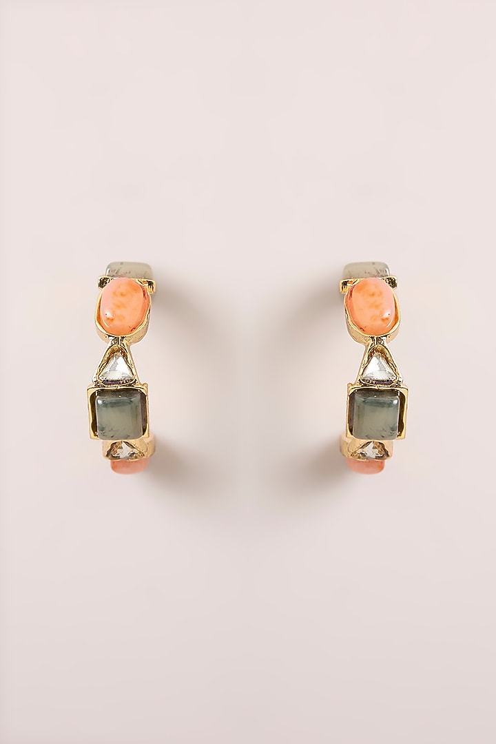 Gold Finish Multi-Colored Stone Hoop Earrings by Just Shraddha at Pernia's Pop Up Shop
