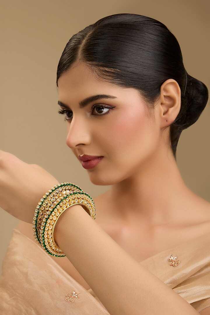 Gold Finish Kundan Polki Meenakari Openable Bangles (Set Of 2) by Just Shraddha at Pernia's Pop Up Shop