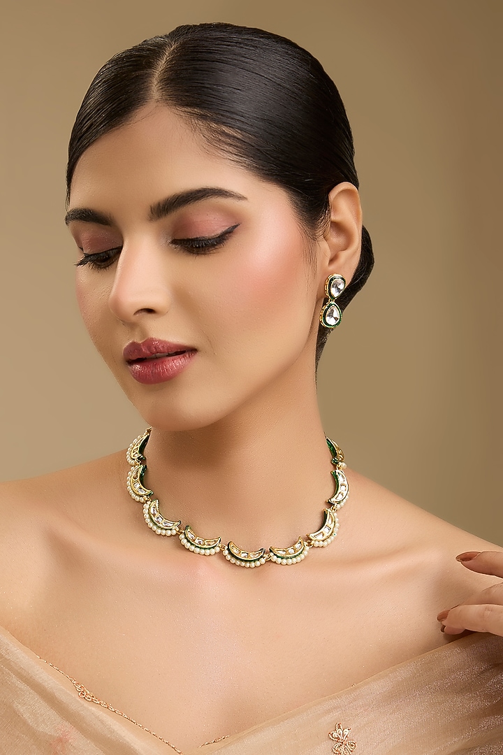 Gold Finish Natural Stone Green Meenakari Necklace Set by Just Shraddha at Pernia's Pop Up Shop