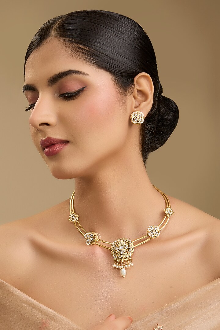 Gold Finish Kundan Polki & Pearl Hasli Necklace Set by Just Shraddha at Pernia's Pop Up Shop