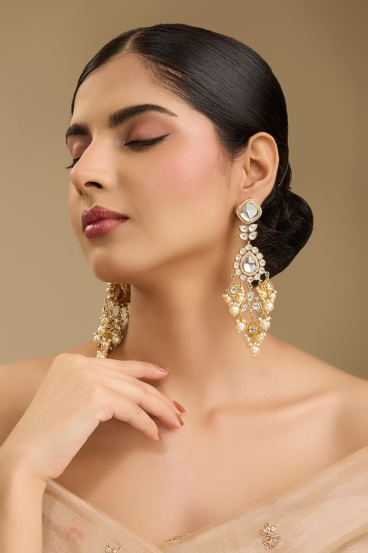 Gold Finish Kundan Polki & Pearl Dangler Earrings by Just Shraddha at Pernia's Pop Up Shop