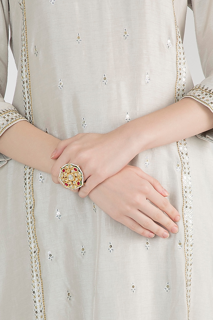 Gold Plated Kundan & Ruby Stones Ring by Just Shraddha