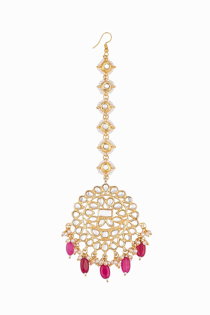Gold Plated Ruby Beads & Pearls Maang Tikka by Just Shraddha at Pernia's Pop Up Shop