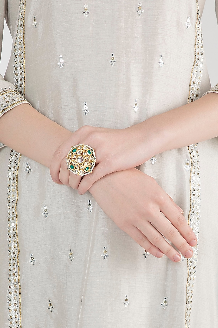 Gold Plated Emerald Stones & Kundan Ring by Just Shraddha