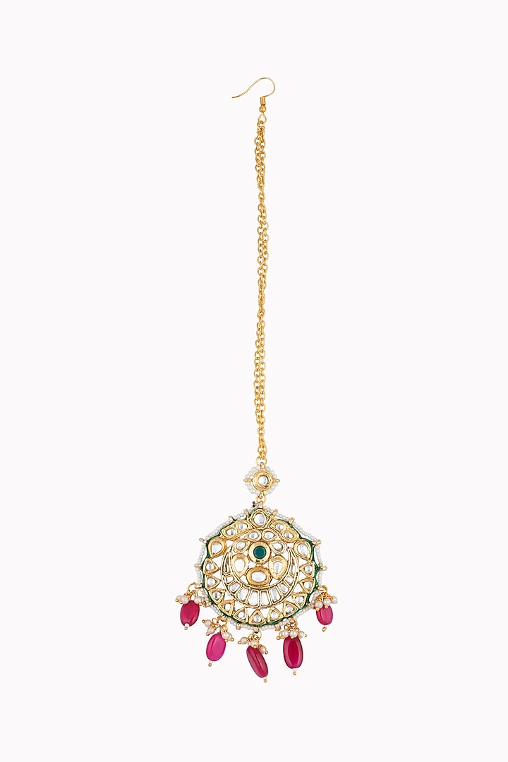 Gold Plated Kundan & Pearls Maang Tikka by Just Shraddha at Pernia's Pop Up Shop