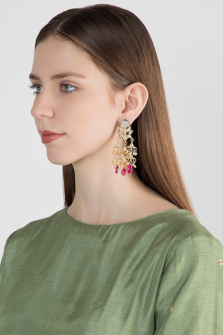 Gold Plated Kundan & Ruby Earrings by Just Shraddha