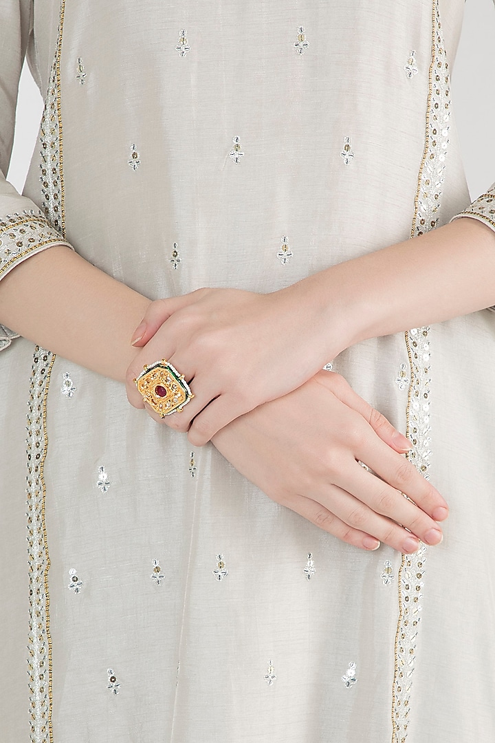 Gold Plated Square Kundan & Ruby Beads Ring by Just Shraddha