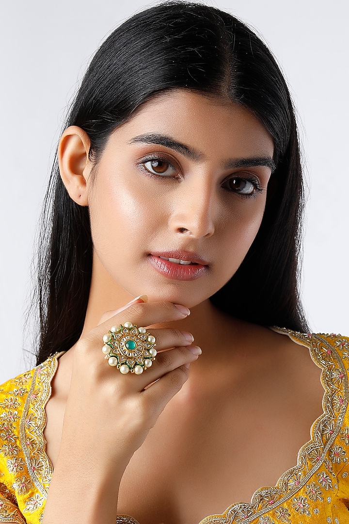 Gold Plated Kundan Polki Meenakari Ring by Just Shraddha at Pernia's Pop Up Shop