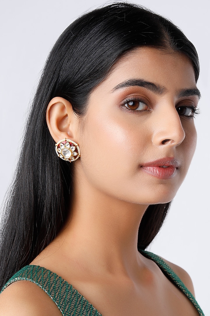Gold Plated Kundan Polki Stud Earrings by Just Shraddha at Pernia's Pop Up Shop
