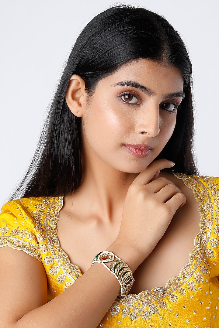 Gold Plated Meenakari Motifs Bracelet With Red Stone by Just Shraddha at Pernia's Pop Up Shop