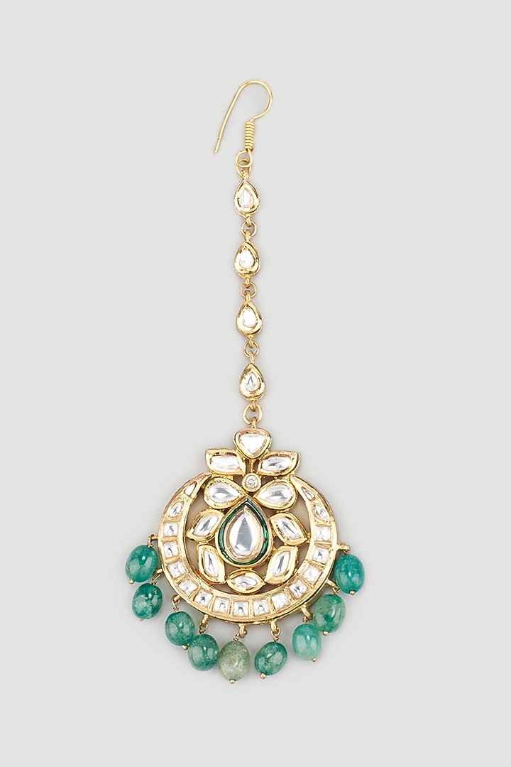 Gold Plated Kundan Polki Chandbali Maang Tikka by Just Shraddha at Pernia's Pop Up Shop