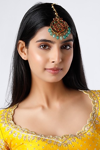 Gold Plated Kundan Polki Chandbali Maang Tikka by Just Shraddha