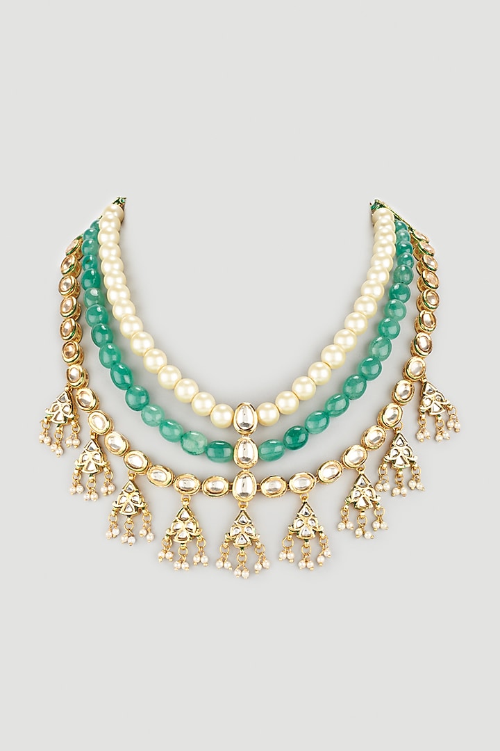 Gold Plated Kundan Polki Three Layered Necklace by Just Shraddha