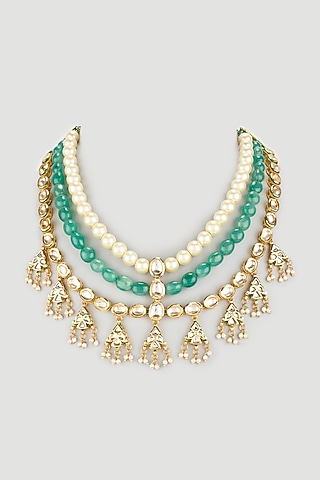 Gold Plated Kundan Polki Three Layered Necklace by Just Shraddha