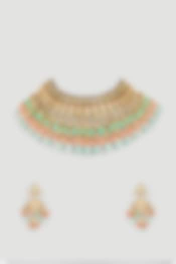 Gold Plated Beaded Meenakari Choker Necklace Set by Just Shraddha