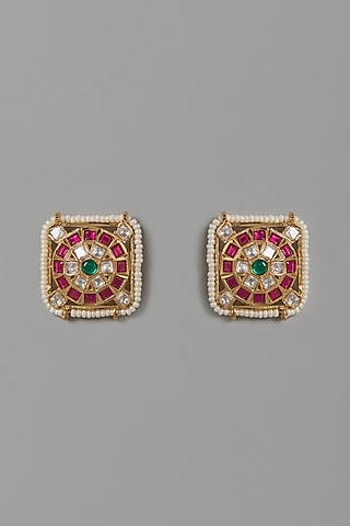 Gold Plated Kundan Polki Square Stud Earrings by Just Shraddha