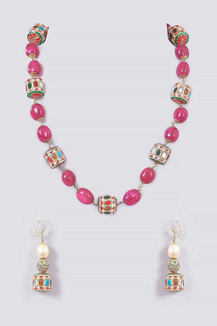 Gold Plated Ruby Stone Long Necklace Set by Just Shraddha at Pernia's Pop Up Shop