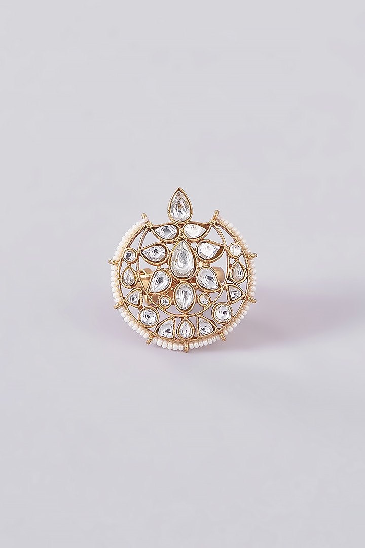 Gold Plated Kundan Polki & Pearl Chand Motif Ring by Just Shraddha at Pernia's Pop Up Shop
