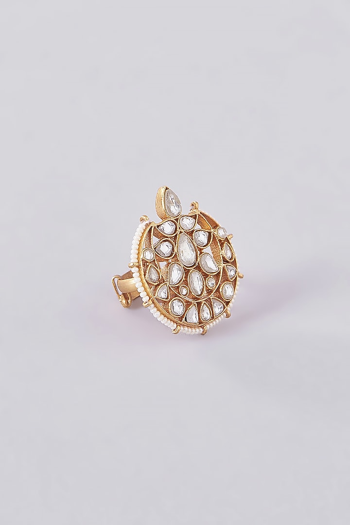 Gold Plated Kundan Polki & Pearl Chand Motif Ring by Just Shraddha at Pernia's Pop Up Shop