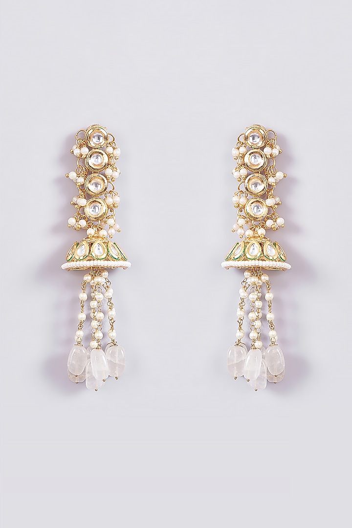 Gold Plated Kundan Polki & Pearl Tasseled Dangler Earrings by Just Shraddha at Pernia's Pop Up Shop