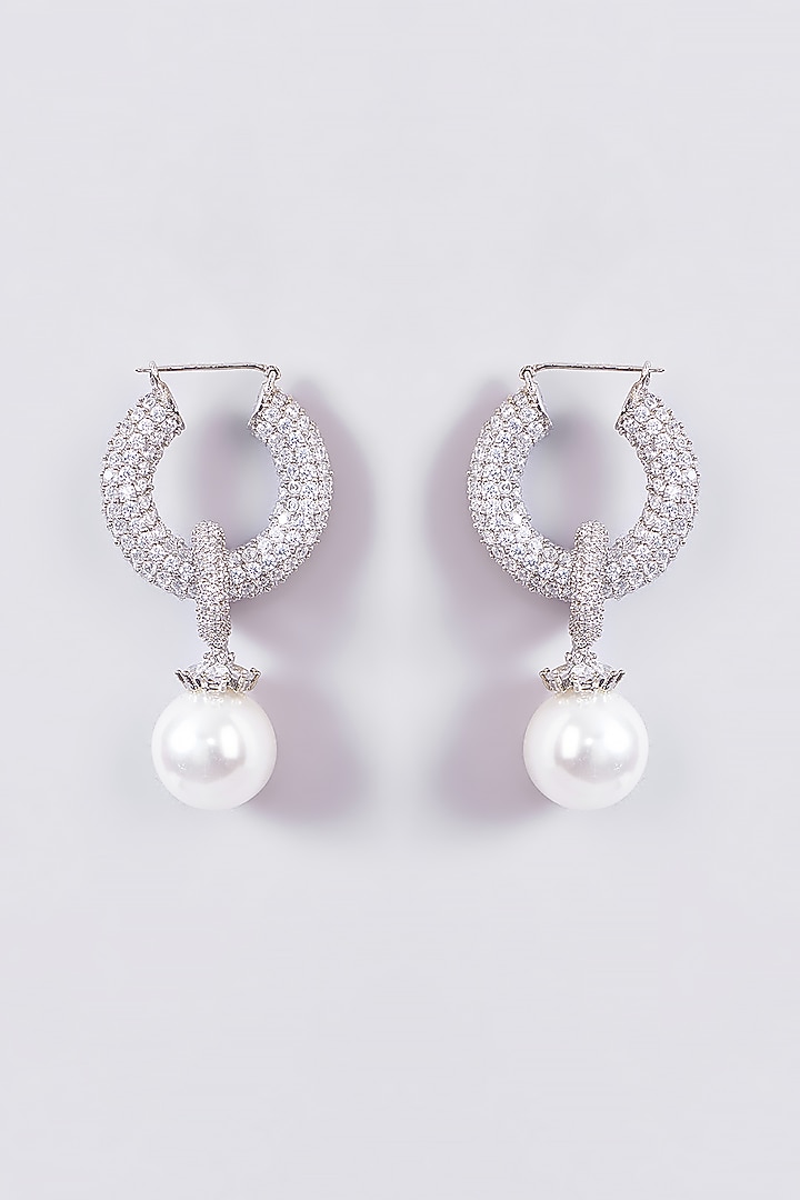 White Rhodium Finish Pearl Drop Hoop Earrings by Just Shraddha at Pernia's Pop Up Shop