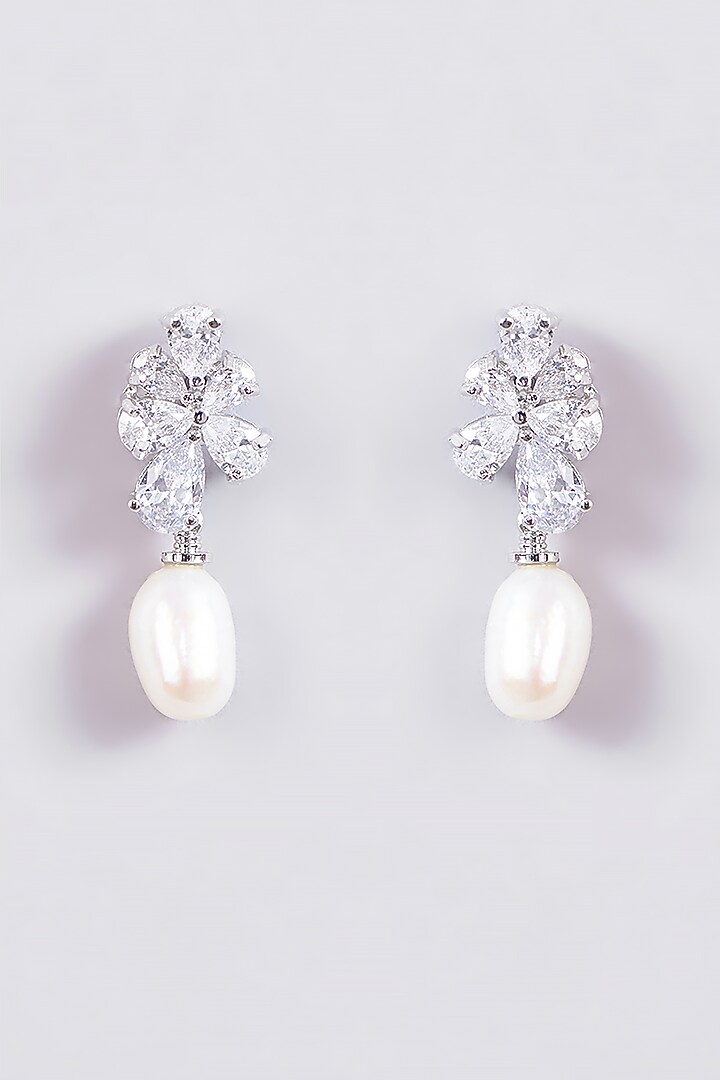 White Rhodium Finish Diamond & Baroque Pearl Drop Dangler Earrings by Just Shraddha at Pernia's Pop Up Shop