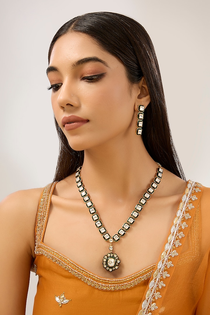 Gold Plated Uncut Kundan Polki Green Meenakari Necklace Set by Just Shraddha