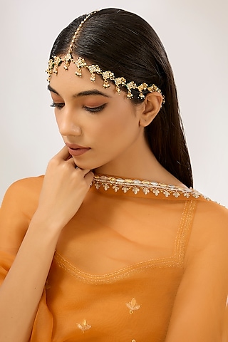 Gold Plated Kundan Polki Green Meenakari Mathapatti by Just Shraddha