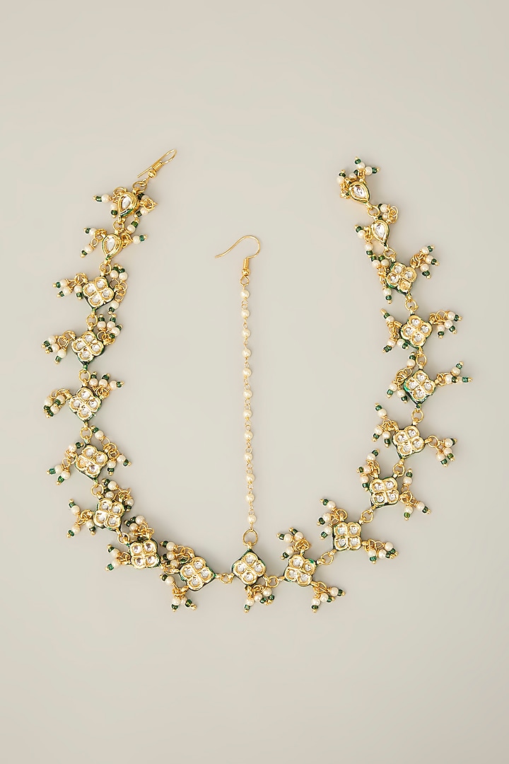 Gold Plated Kundan Polki Green Meenakari Mathapatti by Just Shraddha at Pernia's Pop Up Shop