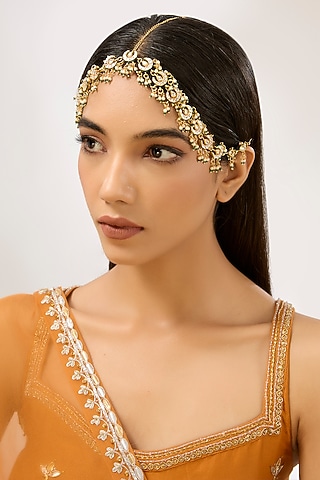 Gold Plated Kundan Polki Green Meenakari Mathapatti by Just Shraddha