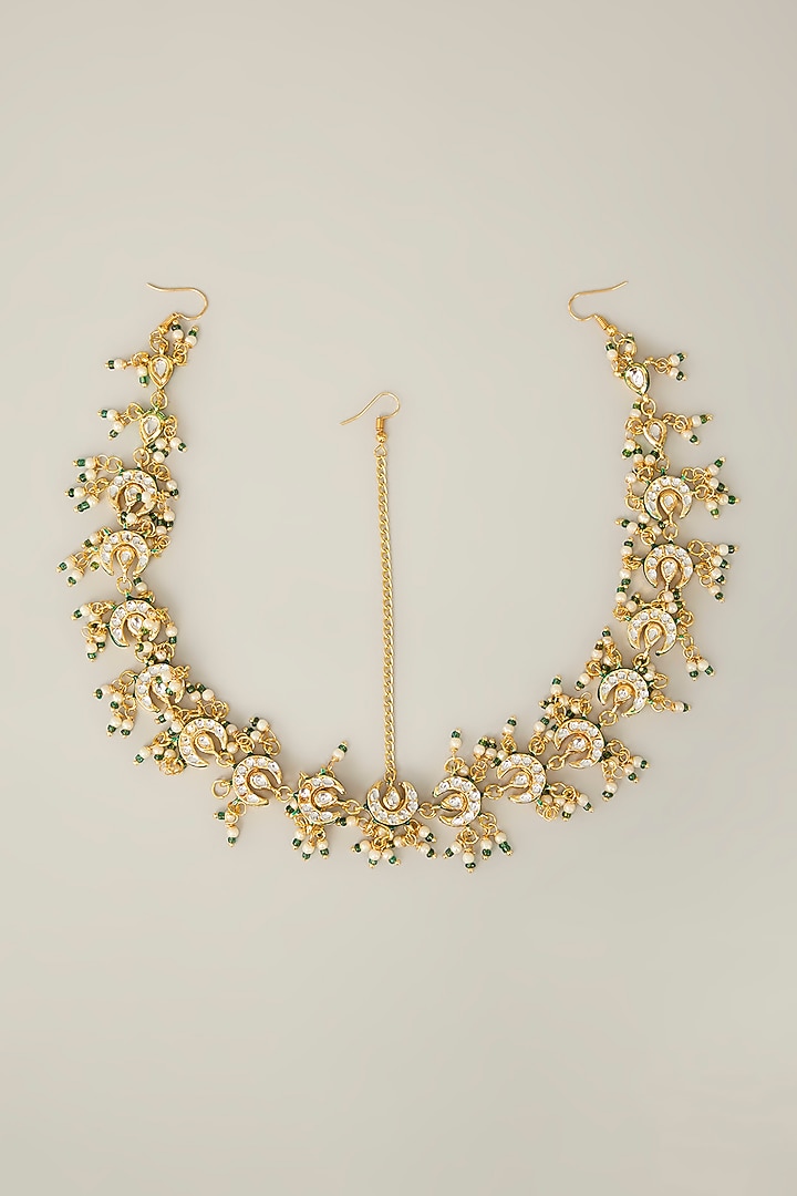 Gold Plated Kundan Polki Green Meenakari Mathapatti by Just Shraddha at Pernia's Pop Up Shop