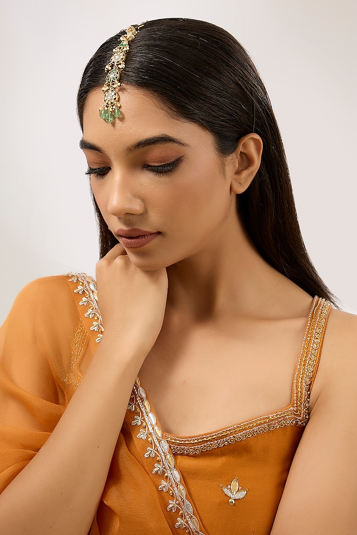 Gold Plated Green & White Stone Meenakari Maangtikka by Just Shraddha at Pernia's Pop Up Shop