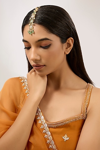 Gold Plated Green & White Stone Meenakari Maangtikka by Just Shraddha