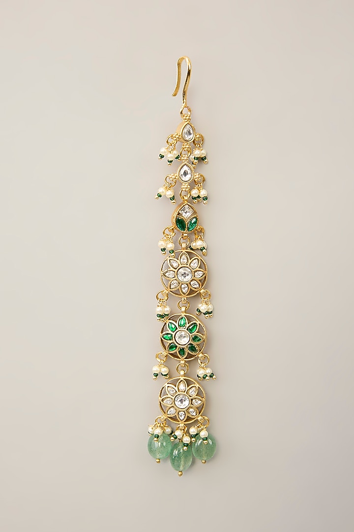 Gold Plated Green & White Stone Meenakari Maangtikka by Just Shraddha at Pernia's Pop Up Shop