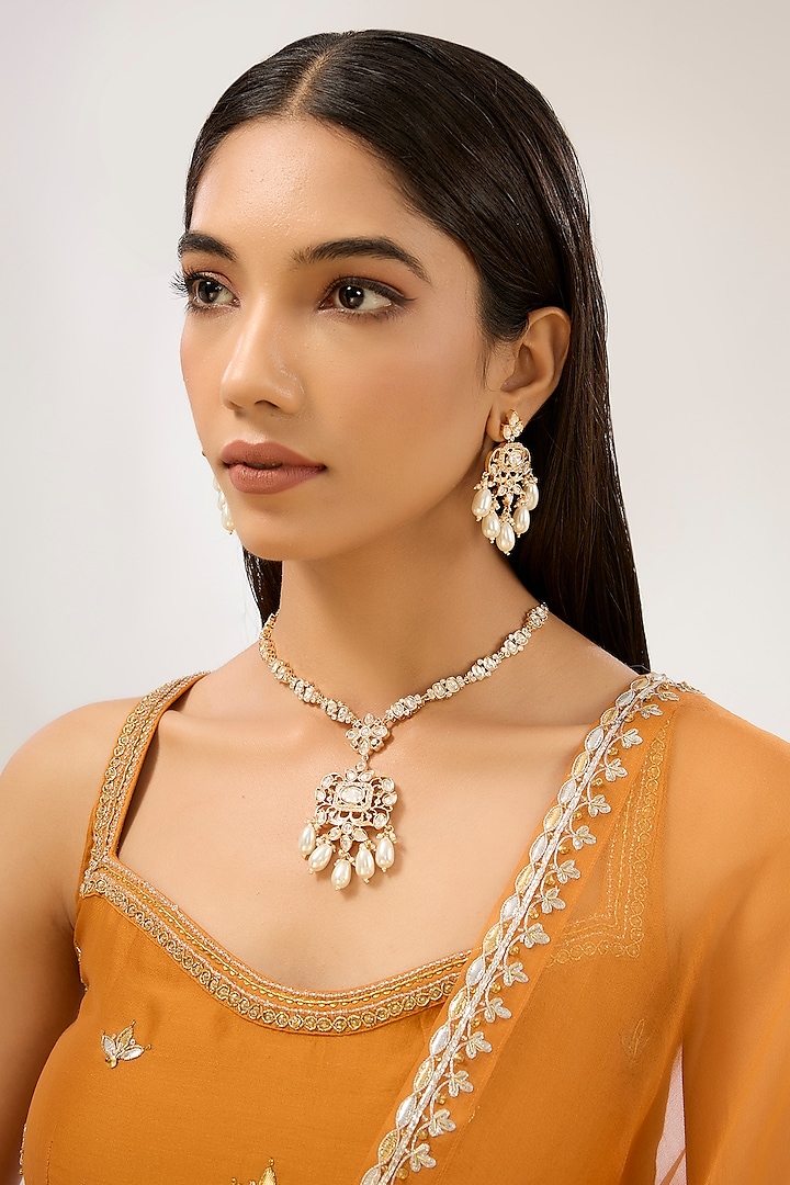 Gold Plated Uncut Kundan Polki & Pearl Hanging Necklace Set by Just Shraddha