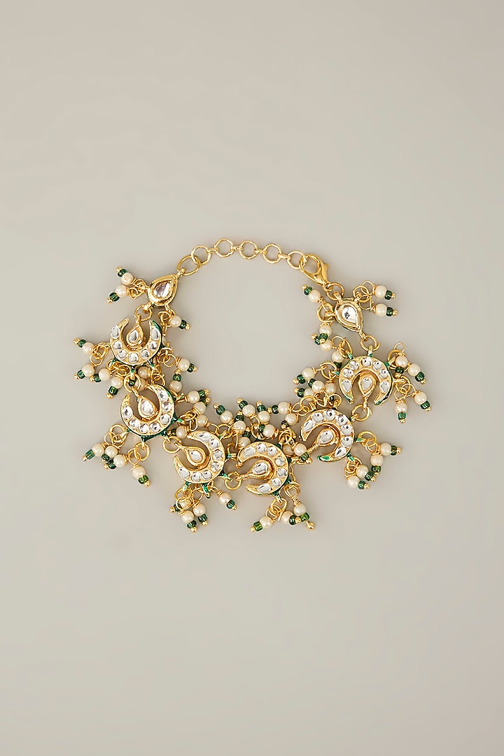 Gold Plated Pearl Hanging Green Meenakari Bracelet by Just Shraddha at Pernia's Pop Up Shop