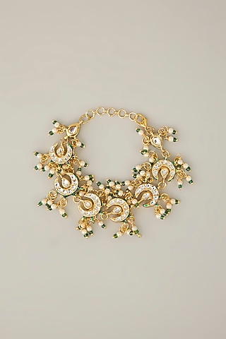 Gold Plated Pearl Hanging Green Meenakari Bracelet by Just Shraddha