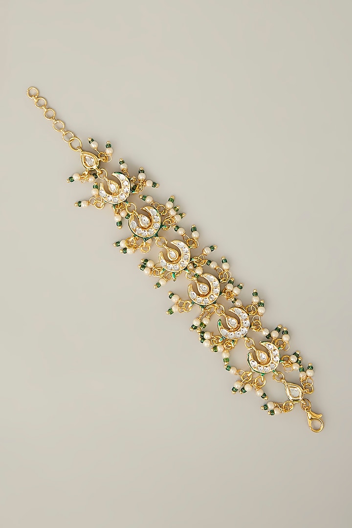 Gold Plated Pearl Hanging Green Meenakari Bracelet by Just Shraddha at Pernia's Pop Up Shop