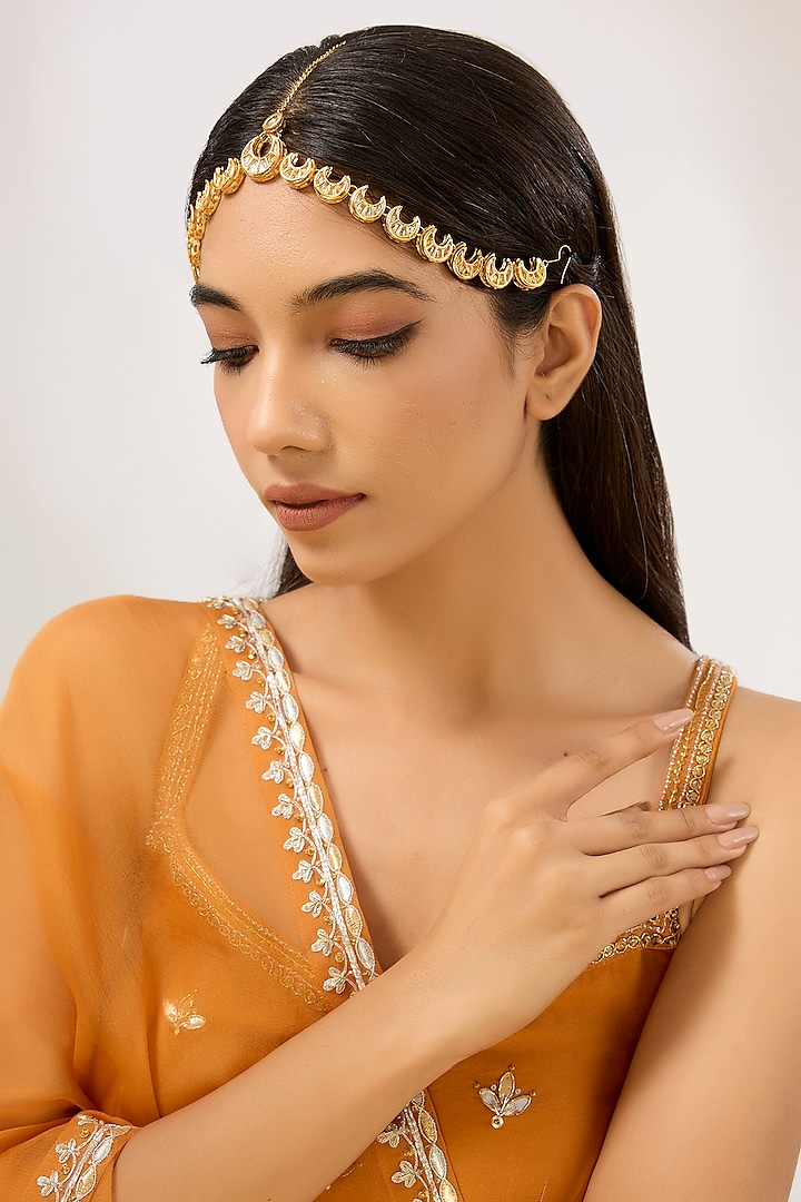 Gold Plated Kundan Polki & Pearl hanging Mathapatti by Just Shraddha at Pernia's Pop Up Shop