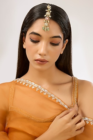 Gold Plated Green & White Beaded Meenakari Maangtikka by Just Shraddha
