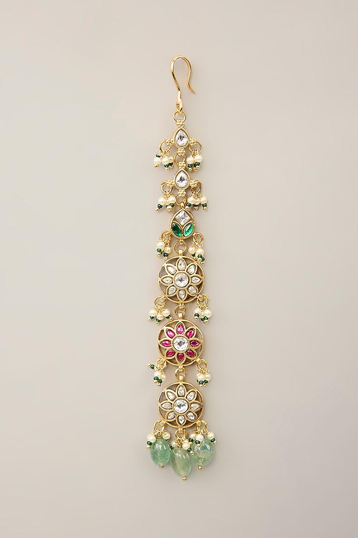 Gold Plated Green & White Beaded Meenakari Maangtikka by Just Shraddha at Pernia's Pop Up Shop