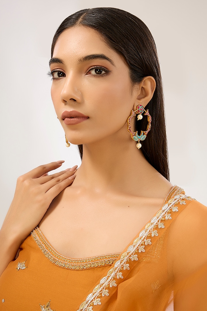 Gold Plated Fish Motif & Pearl Hanging Chandbali Earrings by Just Shraddha at Pernia's Pop Up Shop