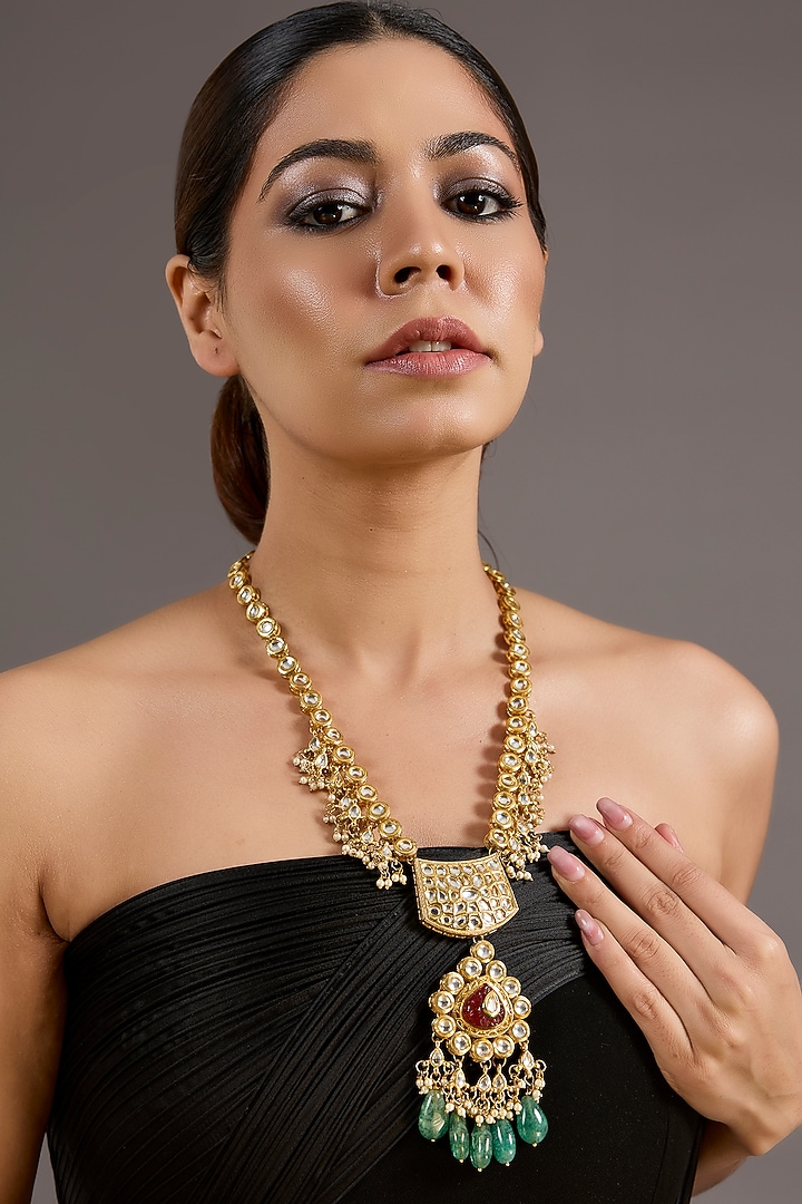 Gold Plated Kundan Polki & Multi-Colored Stone Long Necklace by Just Shraddha at Pernia's Pop Up Shop
