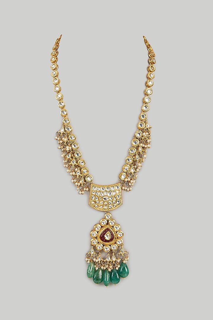 Gold Plated Kundan Polki & Multi-Colored Stone Long Necklace by Just Shraddha at Pernia's Pop Up Shop