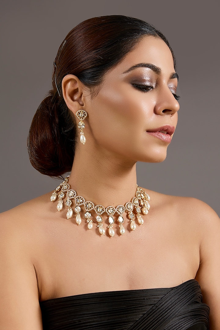 Gold Plated Kundan Polki & Pearl Choker Necklace Set by Just Shraddha at Pernia's Pop Up Shop